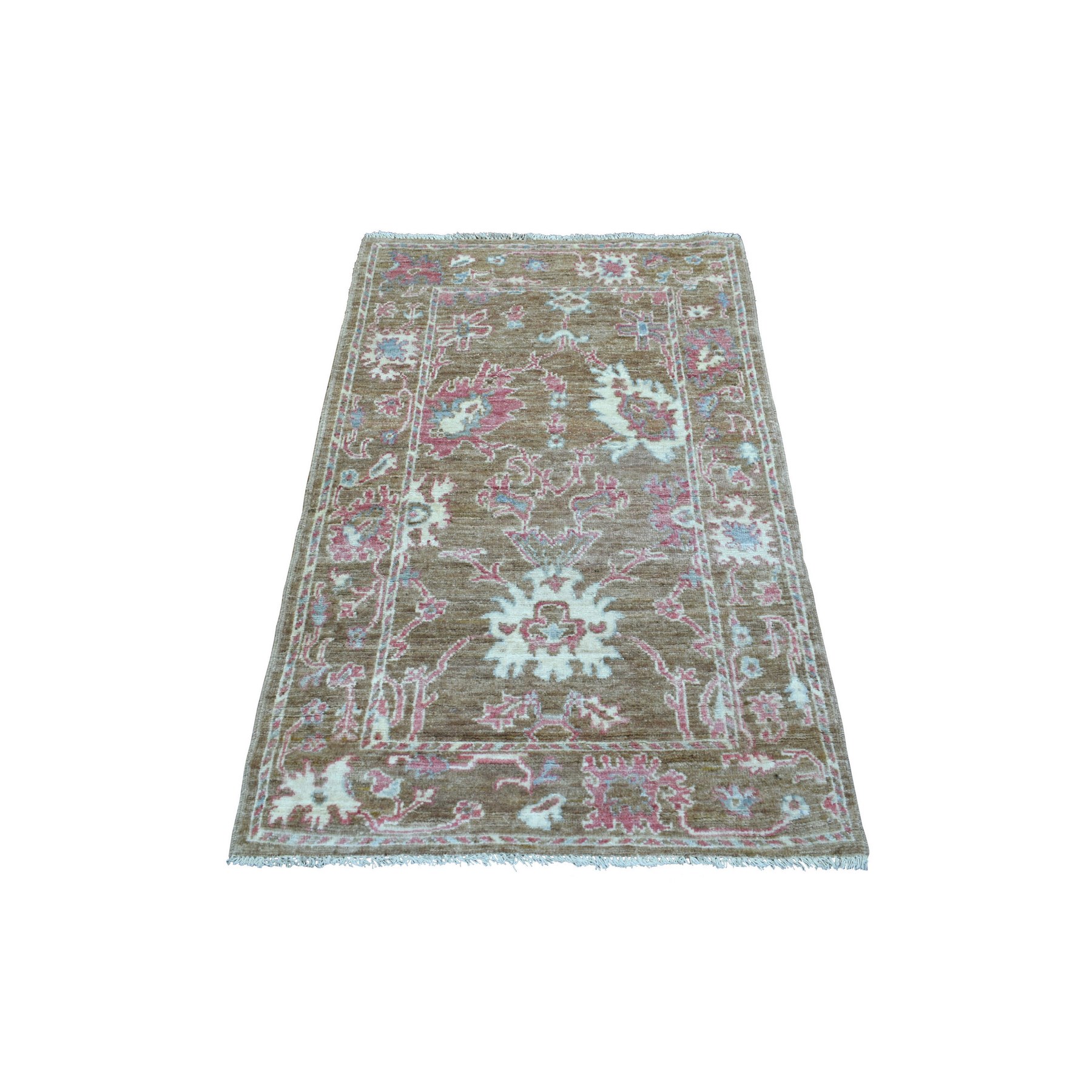 3'1"x5' Almond Brown, Hand Knotted, Afghan Angora Oushak with Beautiful Leaf Design, Organic Wool Oriental Rug 